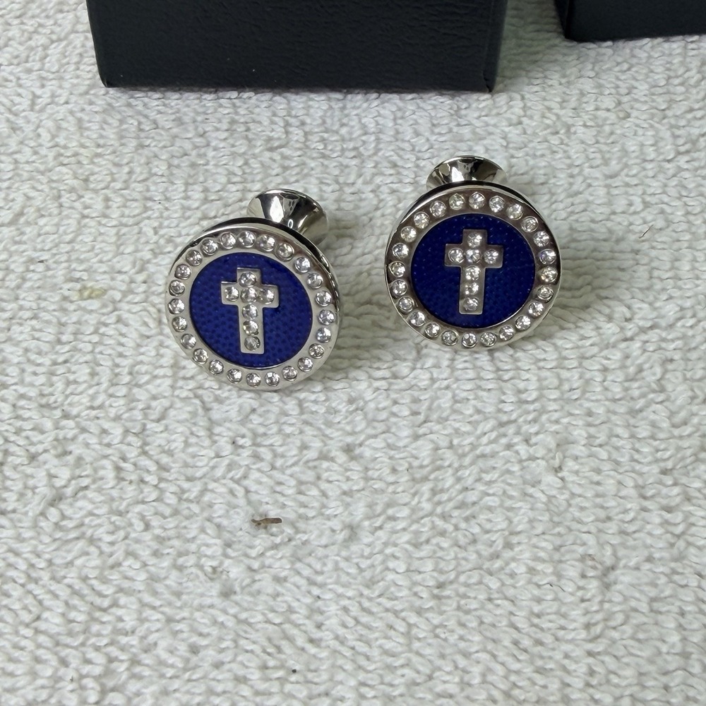 Religious Cuff Link With Cross & Blue Inlay Suit Old Money Business